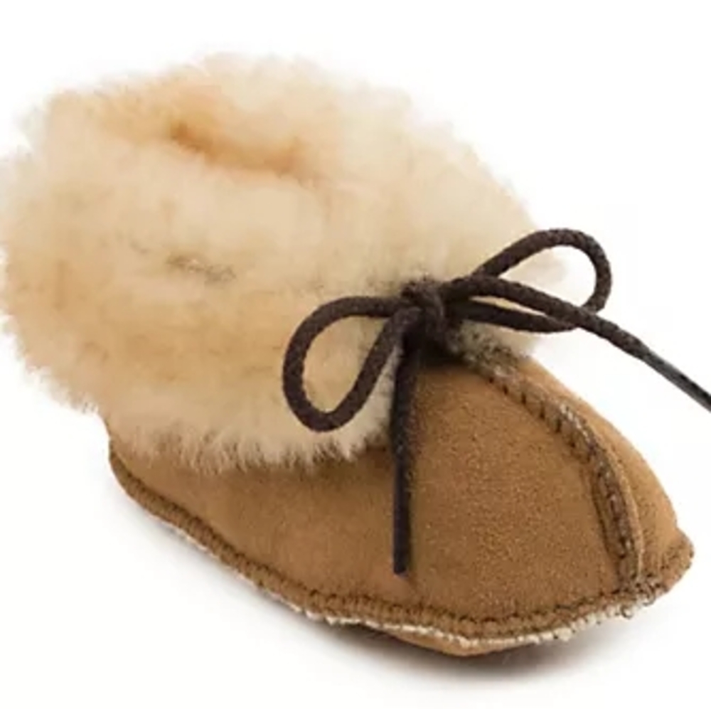 Minnetonka Tan Kids Slippers with Cream Fur